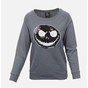 Nightmare Before Christmas Shirt M Pullover Gray Sequined Jack Skellington Face